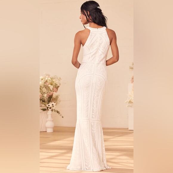 Lulus Tell Me Everything White Beaded Halter Formal Gown NWT Size Small - Picture 3 of 12
